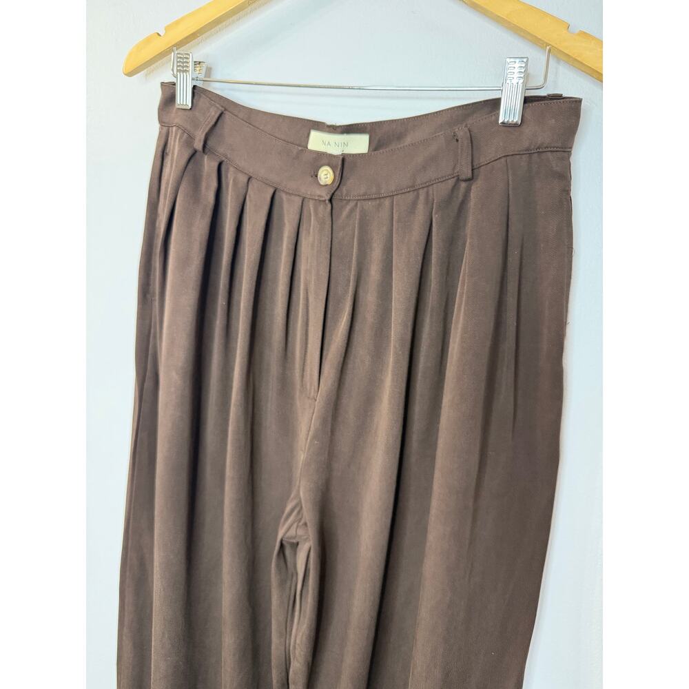 NA NIN Winnie Tencel Pleated Pant High Rise Relax Cocoa Brown Women's L - Picture 4 of 11